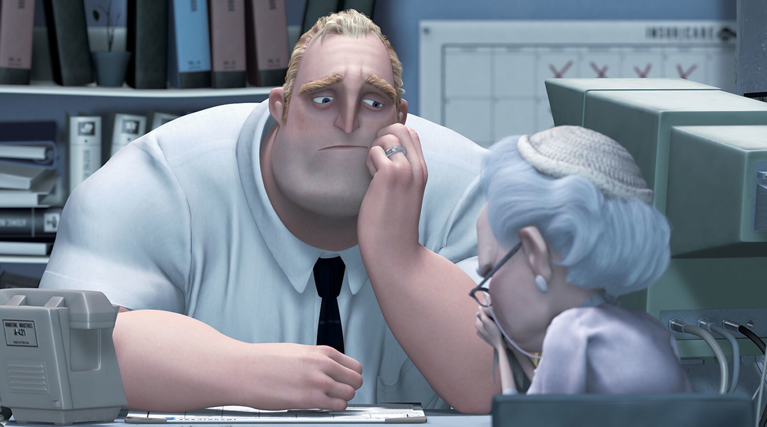 Mr. Incredible at this office job in "The Incredibles"