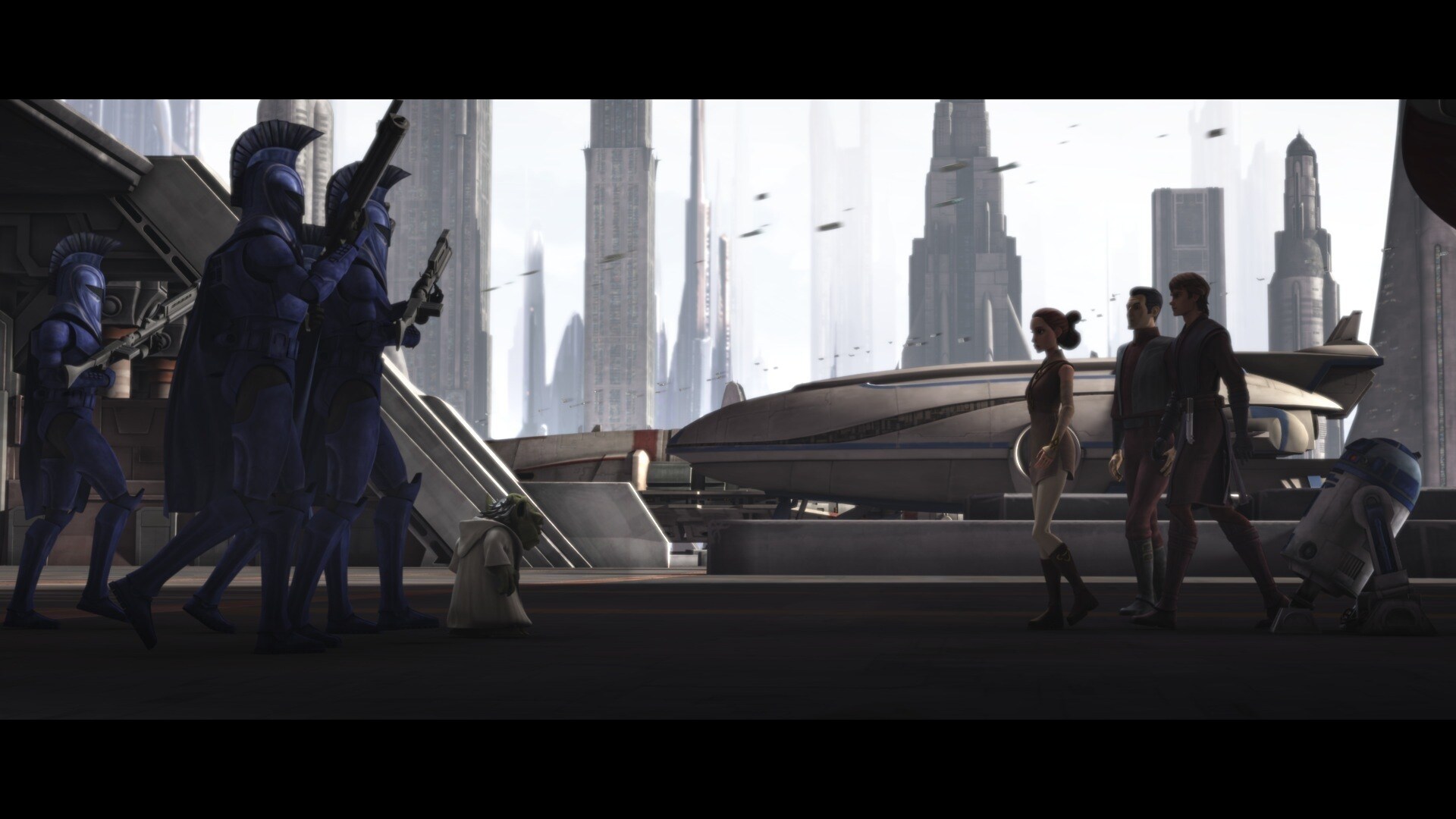 Anakin Skywalker's Jedi shuttle settles at the Senate landing platform, where it is greeted by Je...
