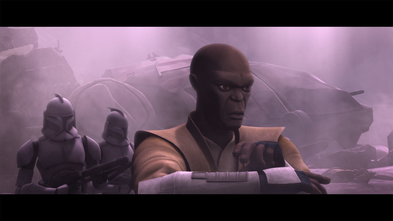 While Anakin attends to the Dug leaders, Mace ventures into the foggy pit alongside Commander Pon...
