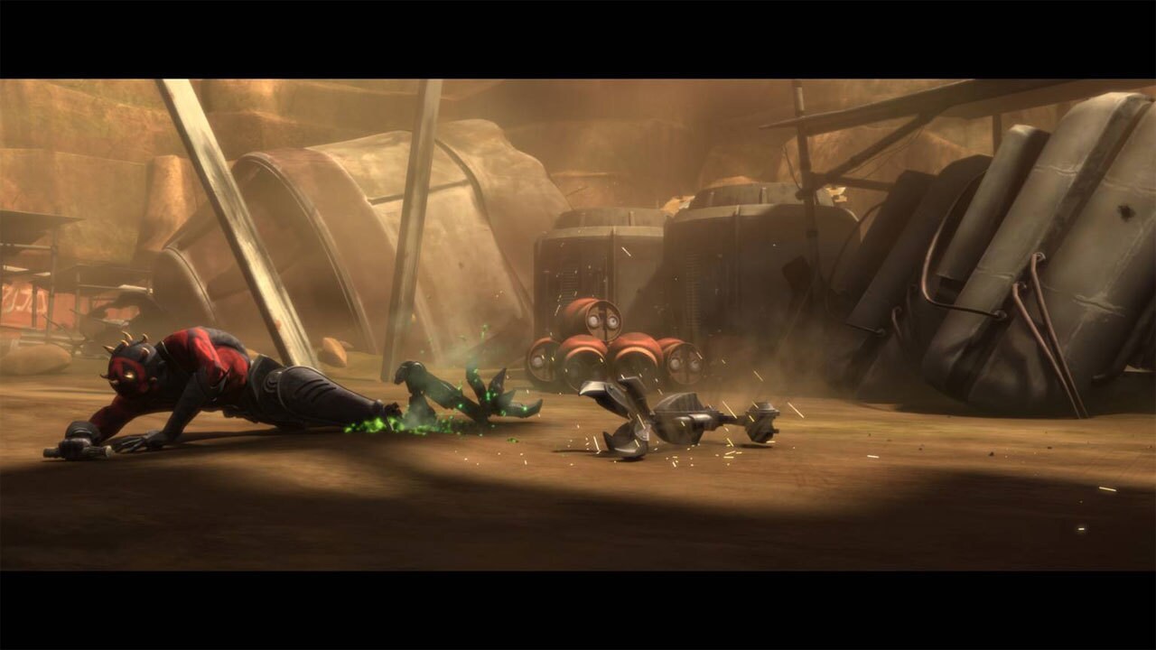 A blaster bolt hit Maul in his mechanical legs, shearing off one of his claw-feet. A puff of Nigh...