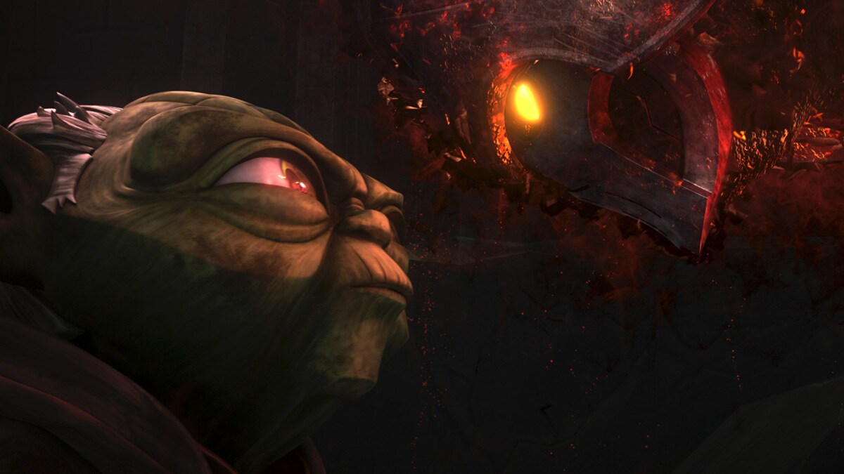 Yoda speaking face to face with an apparition of Darth Bane