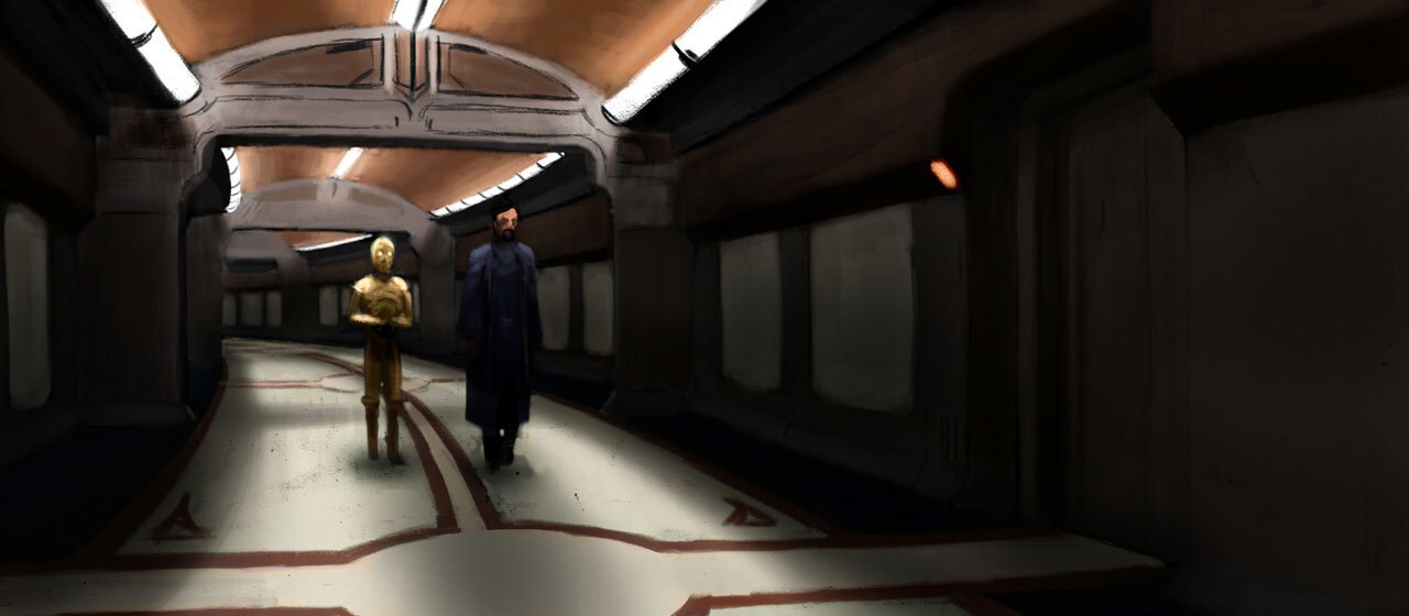 Concept lighting concept for Bail Organa and C-3PO approaching Padmé's office 