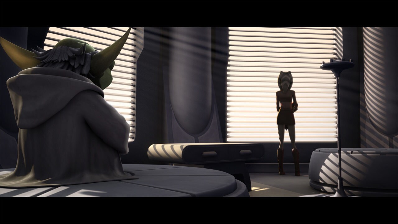 Ahsoka meditates and envisions Aurra Sing sneaking out from an air duct, assembling a rifle and t...