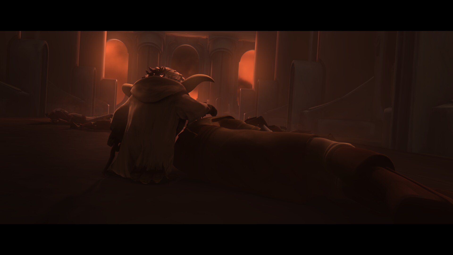 As Yoda walks through the ruined Jedi Temple hallway, an echo of the "Battle of the Heroes" theme...