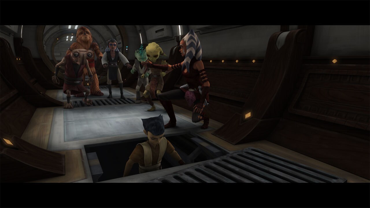 The pirates cut through the Crucible's airlock and board the ship. Ahsoka rushes back to the youn...