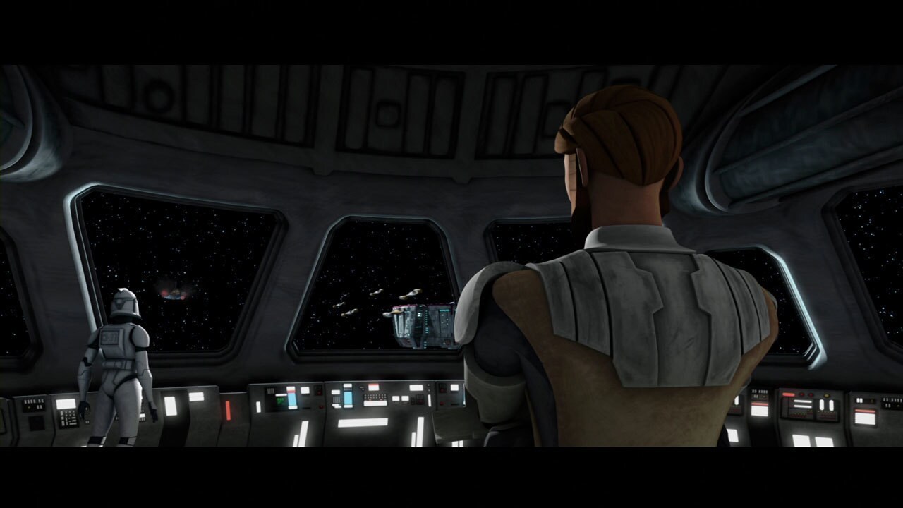 Just then, Obi-Wan Kenobi's taskforce emerges from hyperspace. The Negotiator continues pursuit o...