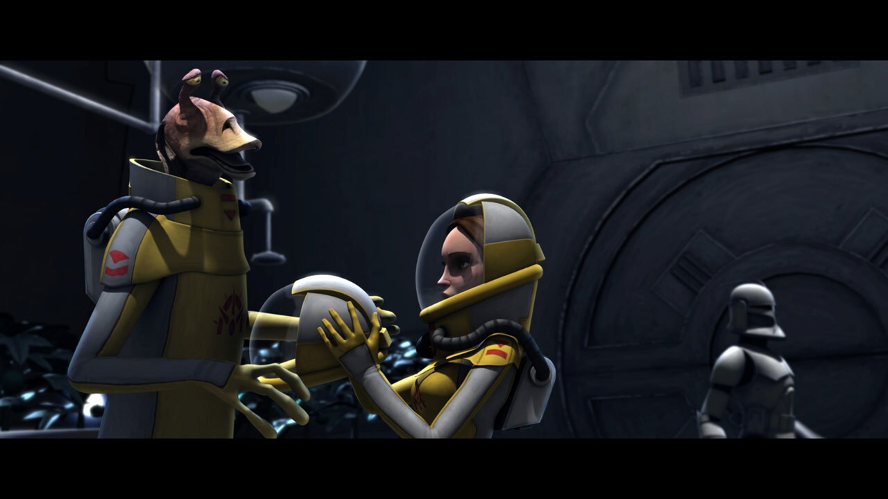 Elsewhere, Padmé and Jar Jar are secure in another safe room and within their hazard suits. Padmé...