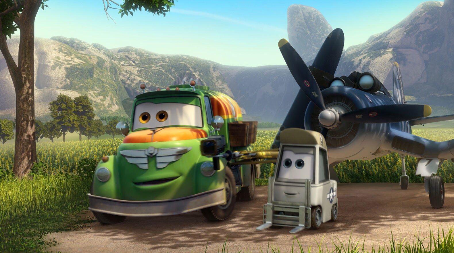 Chug, Sparky and Skipper watch from the ground as Dusty trains for his big race, from the movie "Planes"