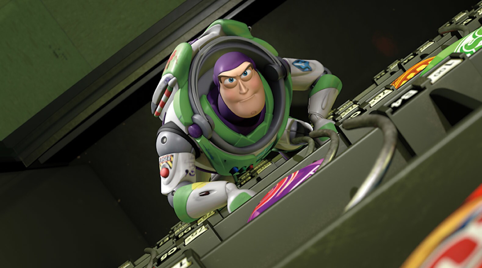 Buzz climbs to the top while inside a vending machine.
