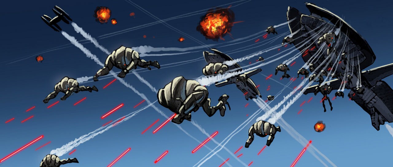 Concept art of rocket pack-equipped super battle droids dropping from the Separatist cruiser