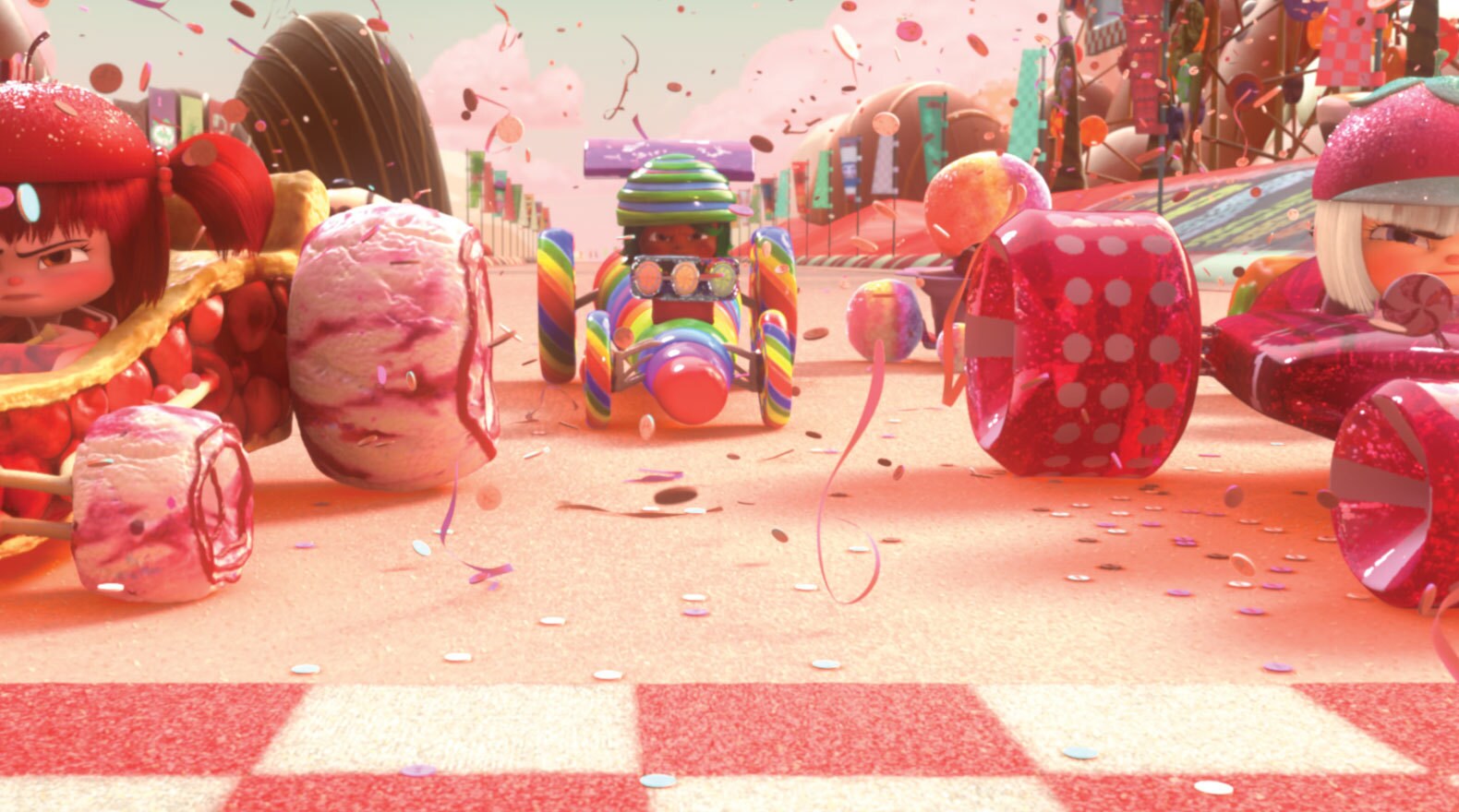 Three Sugar Rush races in their cars ready to start a race in "Wreck-It Ralph"