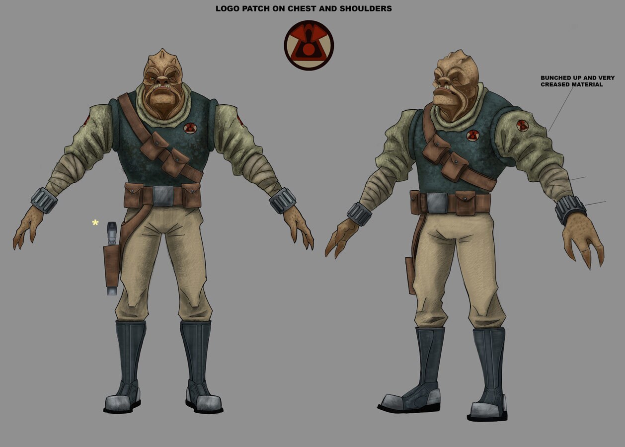 Concept art of the front views of the Klatooinian bounty hunter Castas