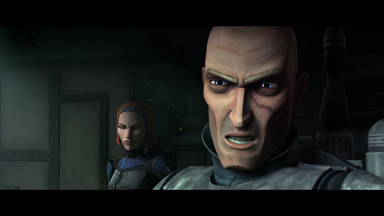 Pre Vizsla and his sergeant-at-arms Bo-Katan demand answers from the Nightbrothers at gunpoint. S...