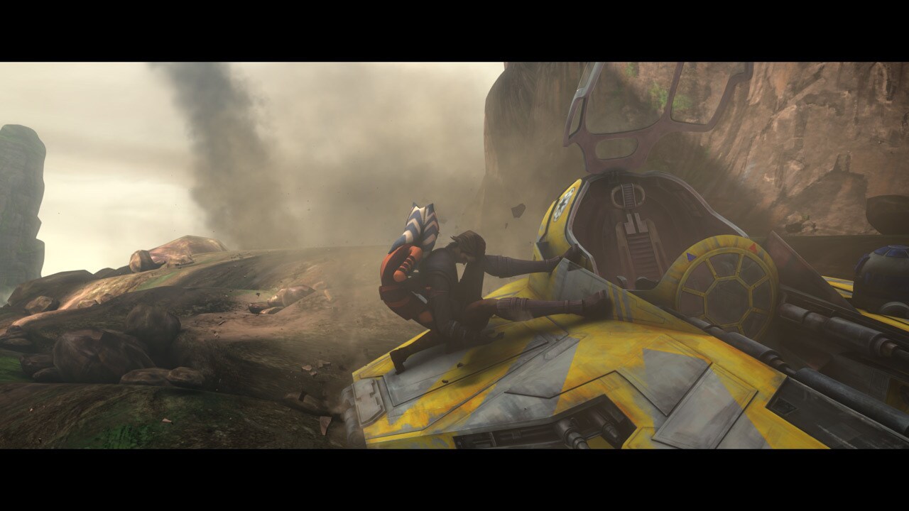 As the fighter grinds towards a precipitous drop, Ahsoka slices open Anakin's cockpit with her li...