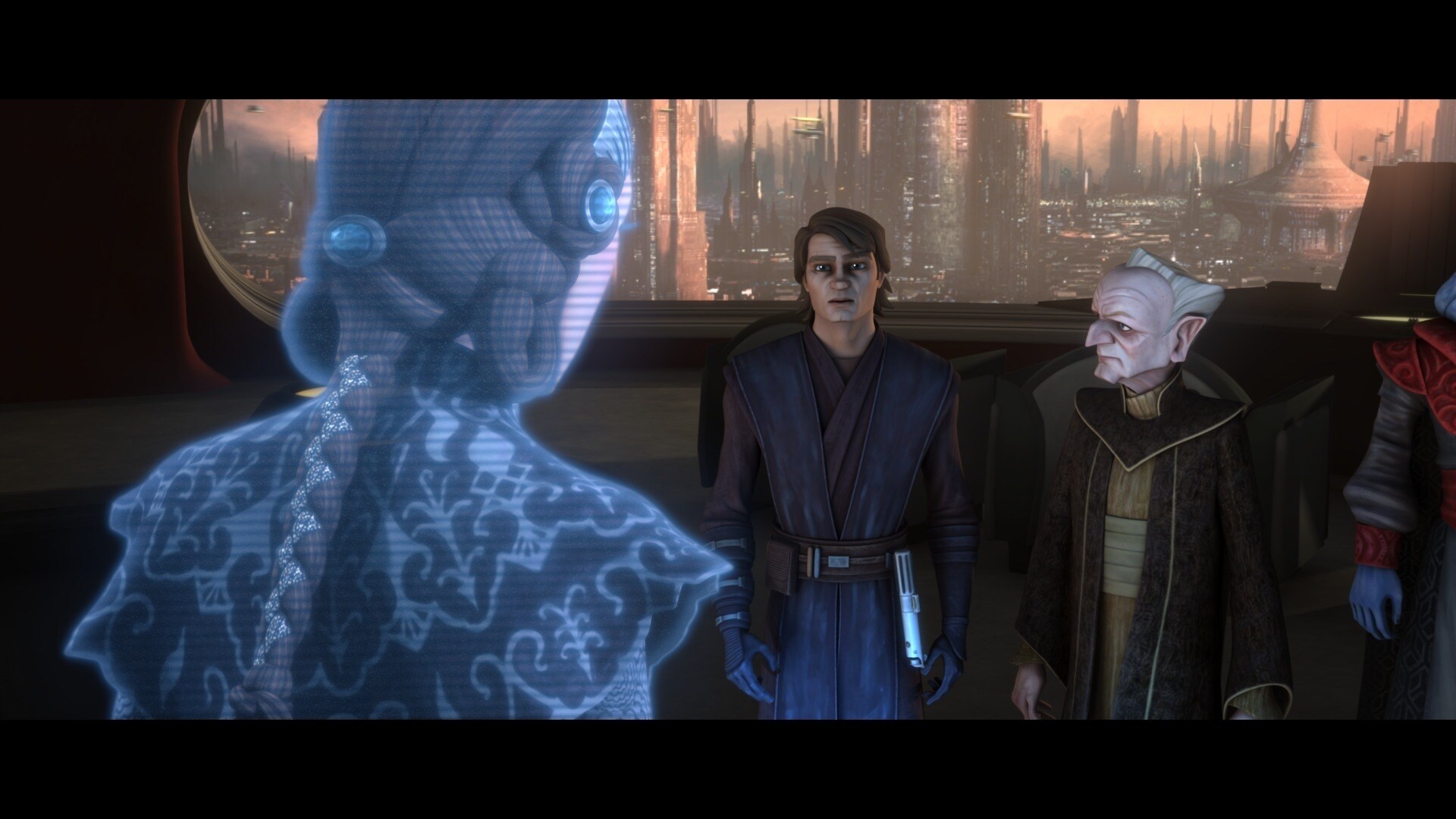 In Palpatine's office, Anakin, the Chancellor, and Mas Amedda watch a holographic broadcast from ...