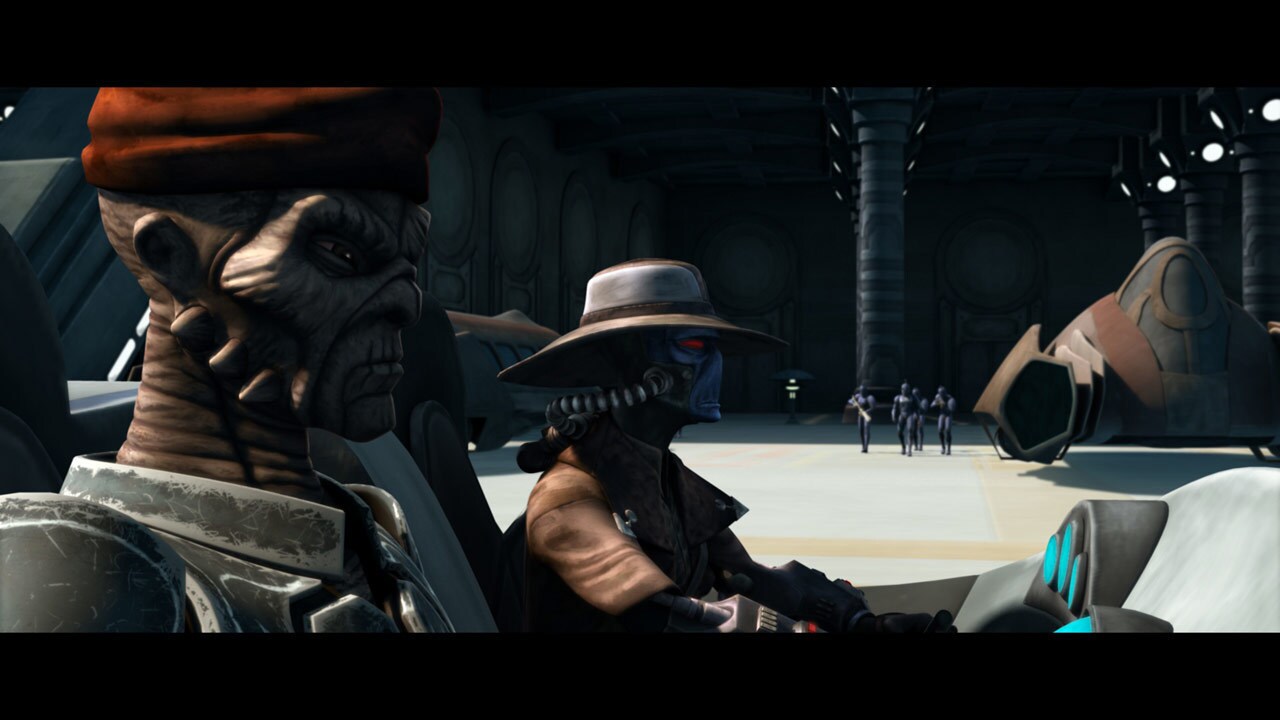 An airspeeder carrying bounty hunter Cad Bane and a motley bunch of passengers flies towards the ...