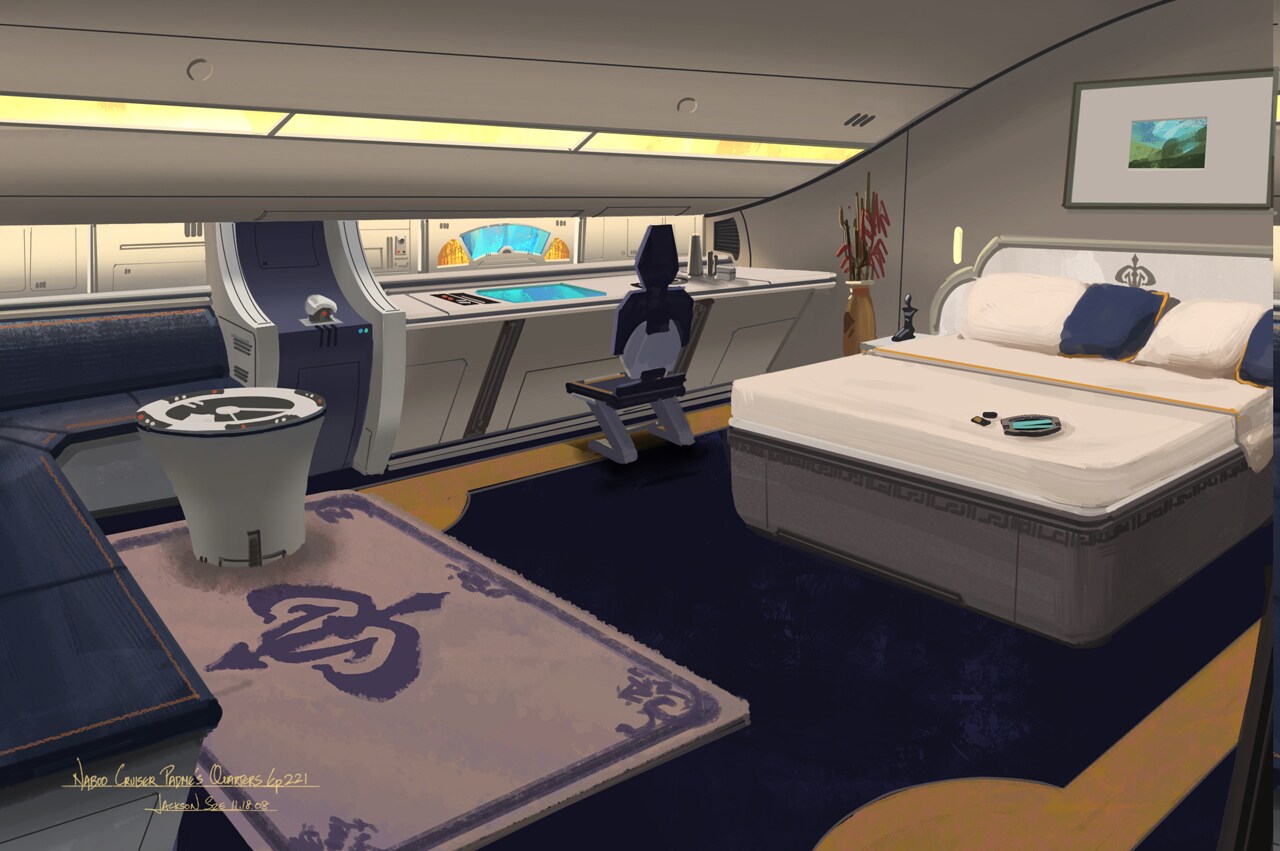 Concept art of Padmé's sleeping quarters on the Naboo cruiser