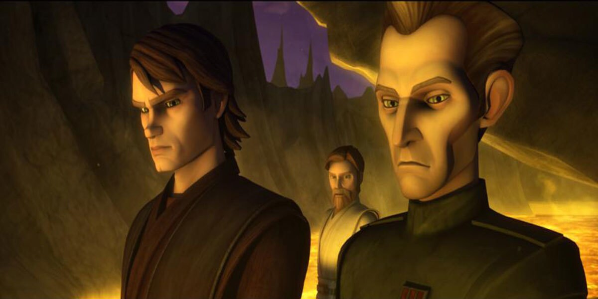 Tarkin observing the volcanic landscape of Lola Sayu with Anakin Skywalker and Obi-Wan Kenobi