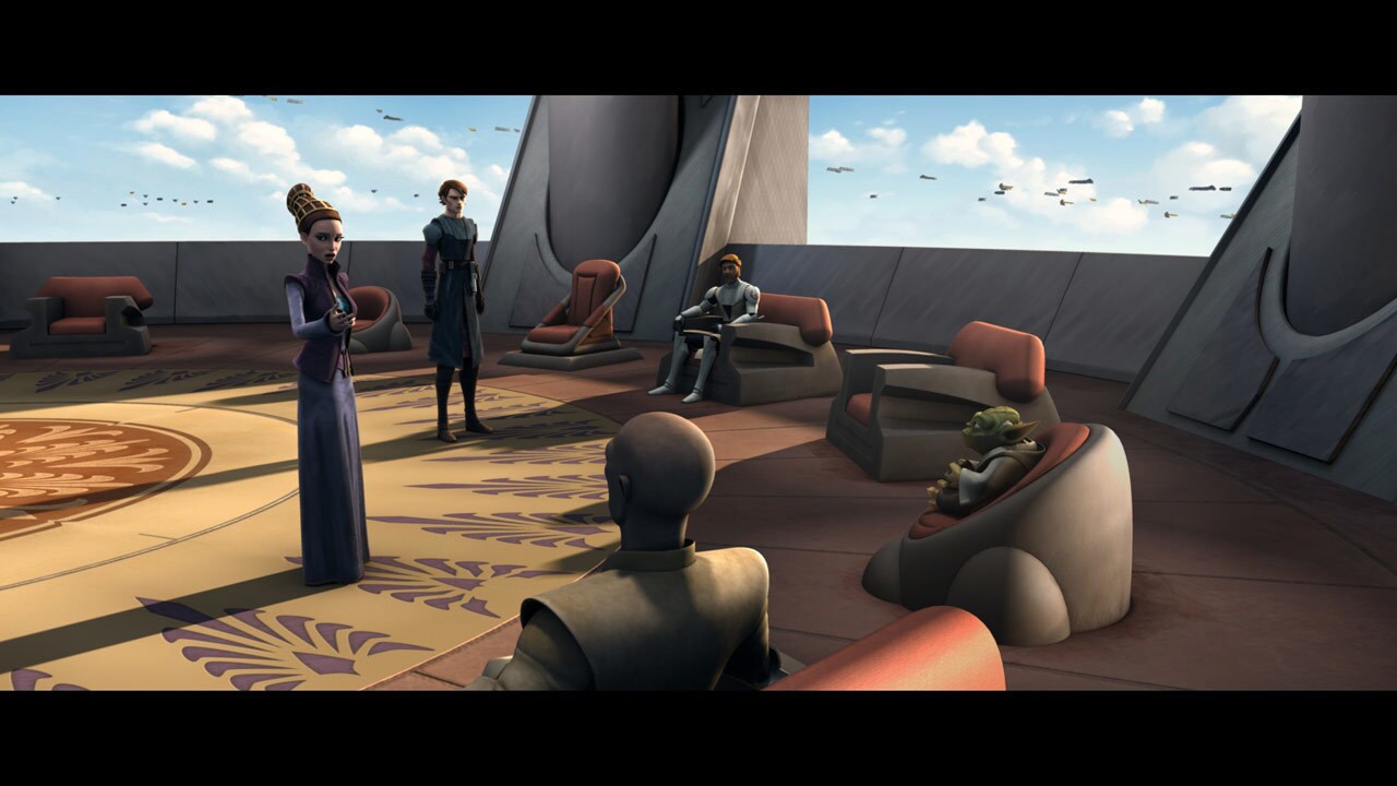 Inside the Jedi Council chamber, Padmé lays out her strategy for spying on Clovis. Anakin learns ...