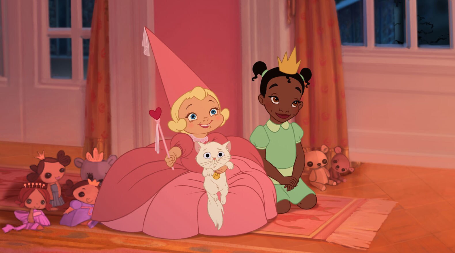 Young Charlotte and Tiana listening to a story
