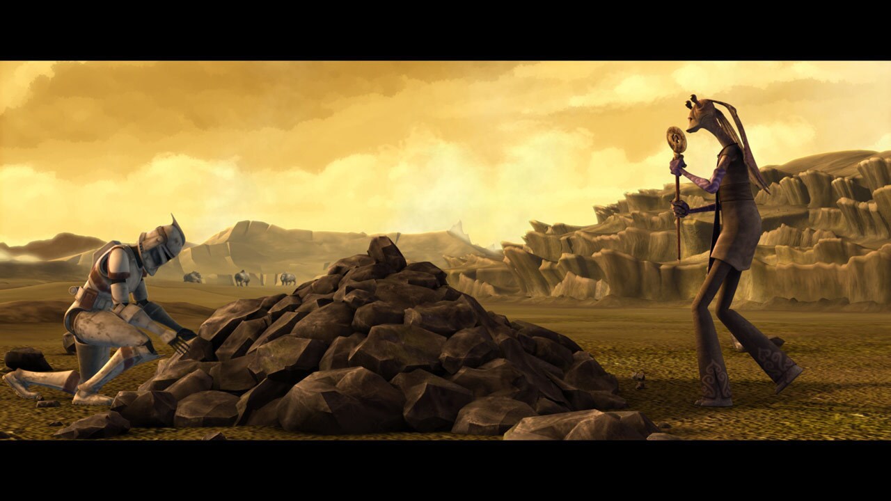 At the crash-site, Jar Jar has buried Senator Kharrus under a grave of rocks, while Clone Command...