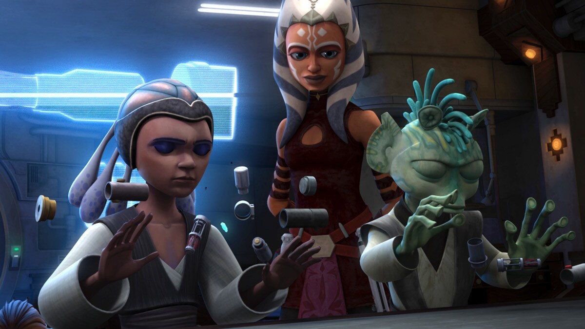 Ahsoka Tano mentoring Katooni and Ganodi as they construct their lightsabers