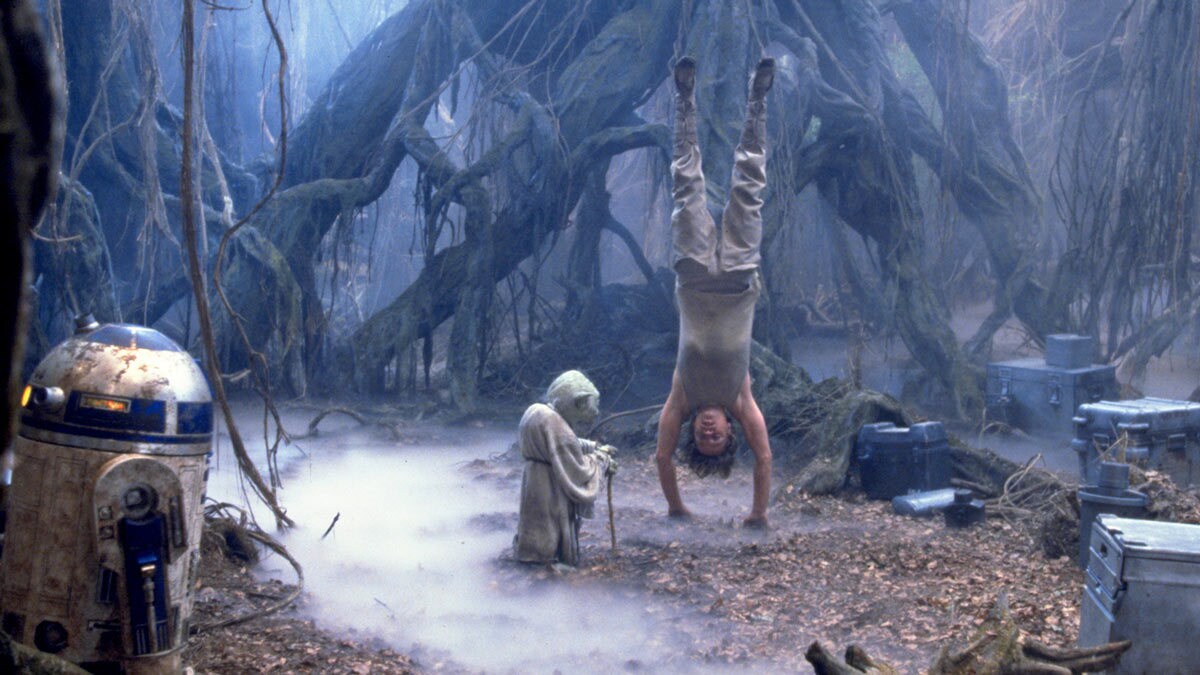 Luke Skywalker training with Yoda on Dagobah