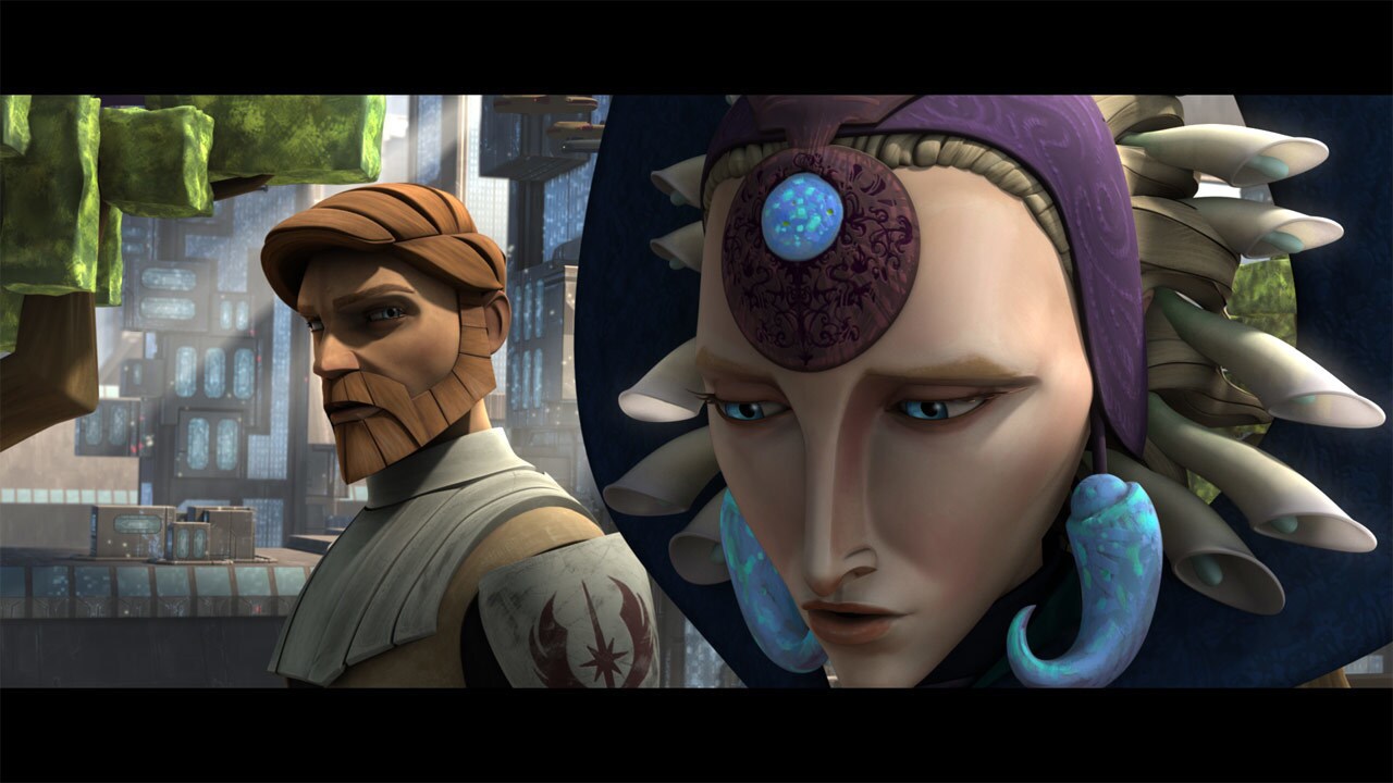 Kenobi and Satine continue their discussion as they stroll through a peace park. Satine admits th...
