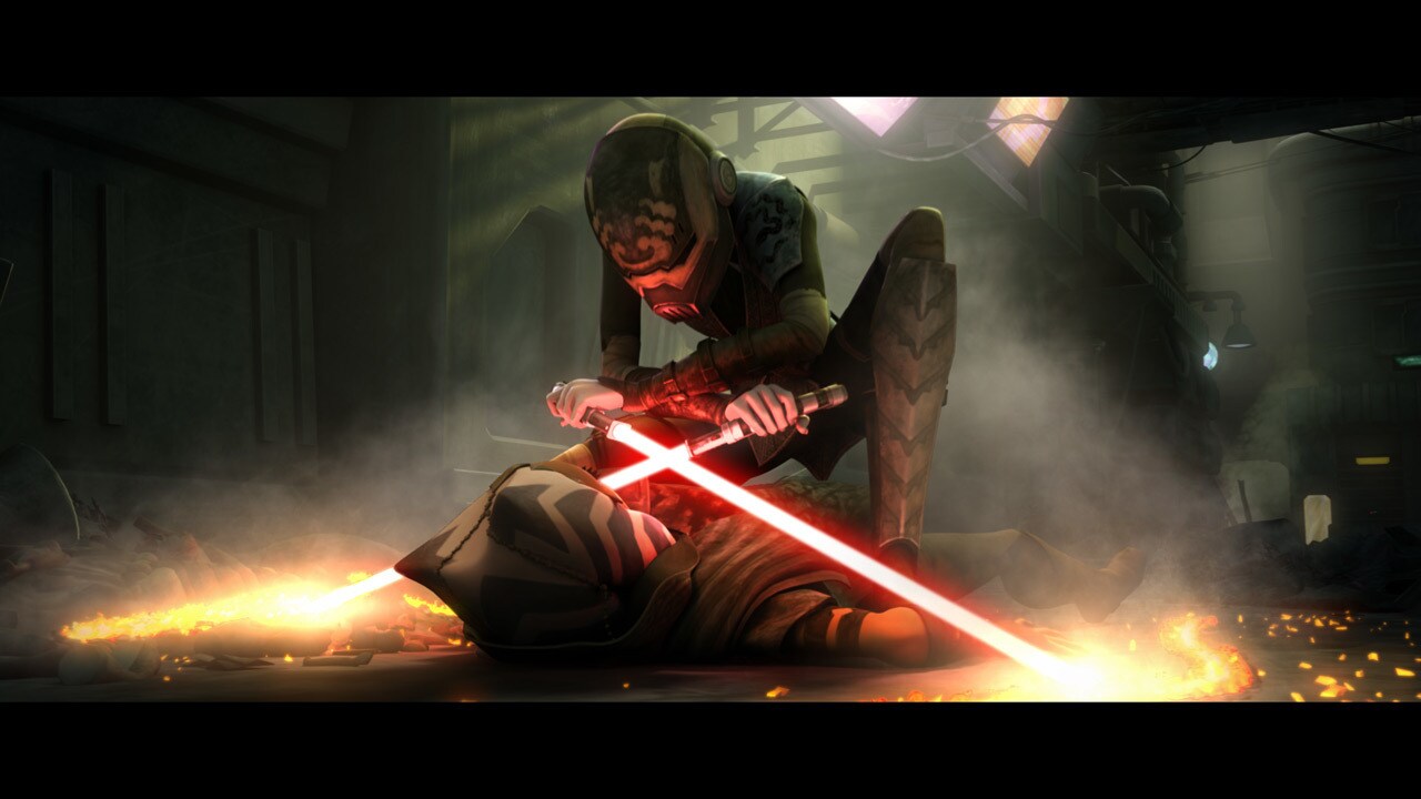 Within an abandoned, vermin-infested building in the lower levels, Ahsoka is attacked and pinned ...