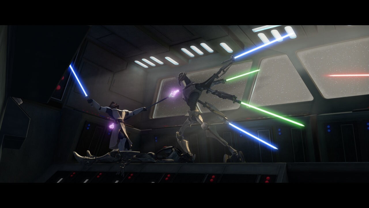 Kenobi desperately dodges Grievous' whirlwind attacks. He uses the Force to hurl the shattered bo...