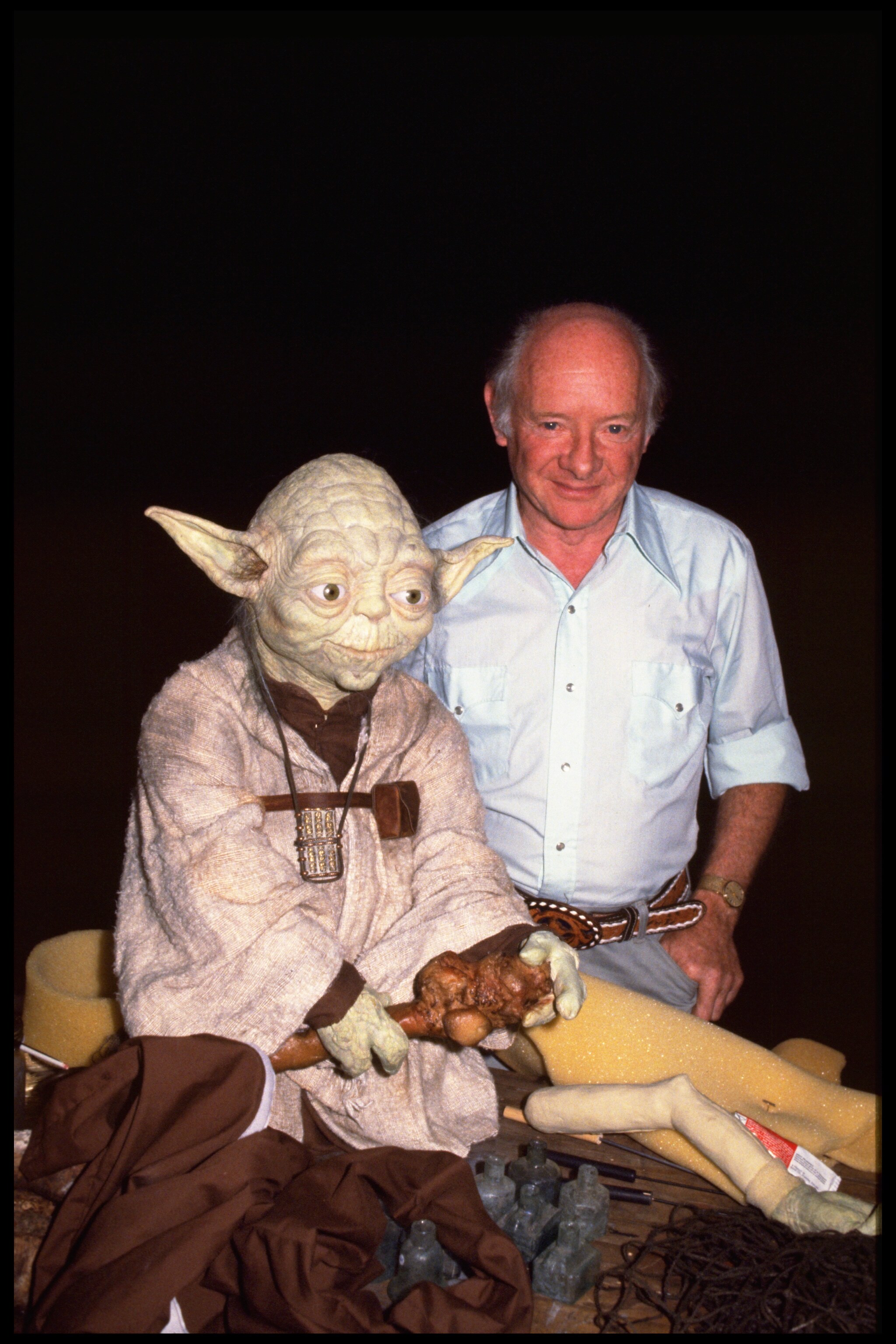 Makeup artist and designer Stuart Freeborn with the Yoda puppet. Freeborn based Yoda's face on on...