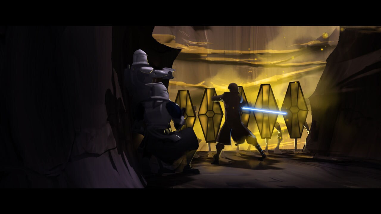 Anakin holds off the commando droids in the Citadel canyon, lighting concept