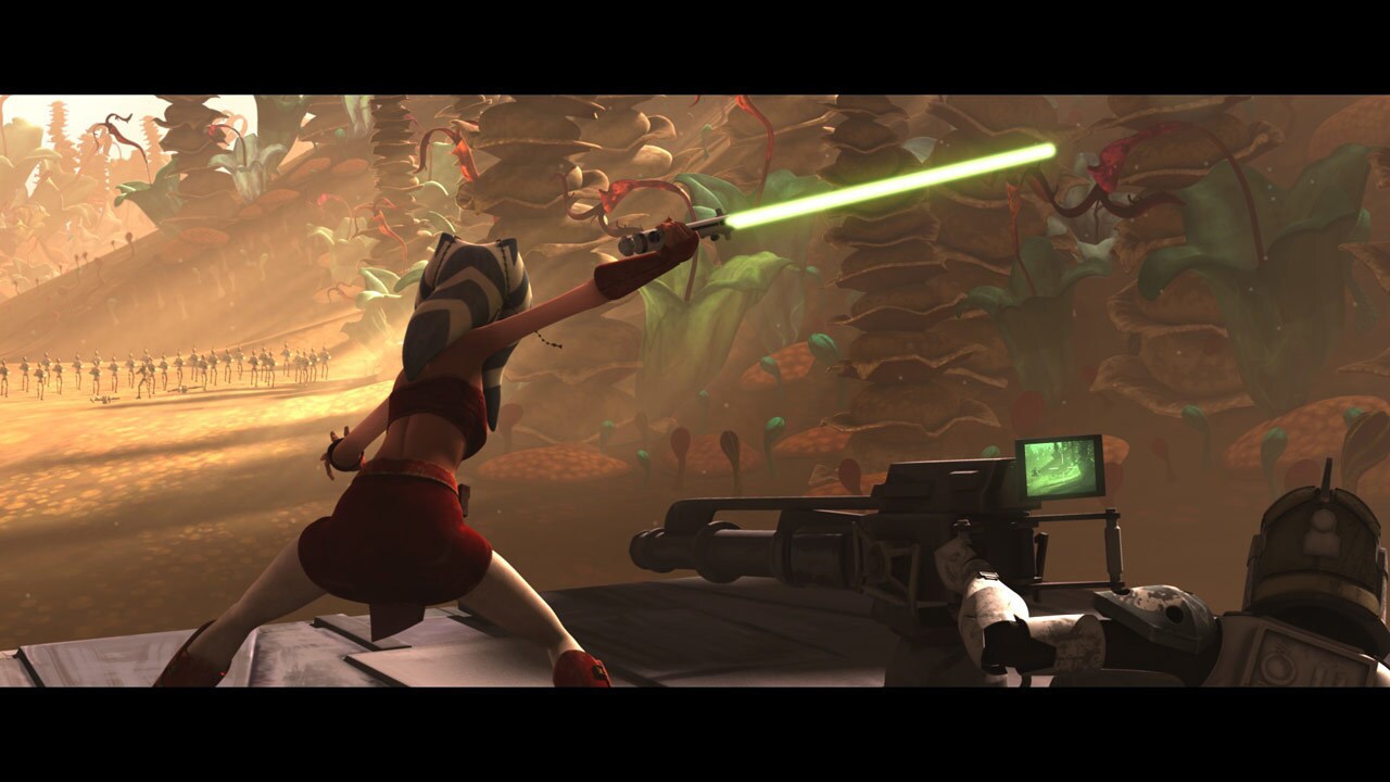 Anakin and Obi-Wan radio Ahsoka. She's in the thick of battle as well, deflecting incoming laser ...
