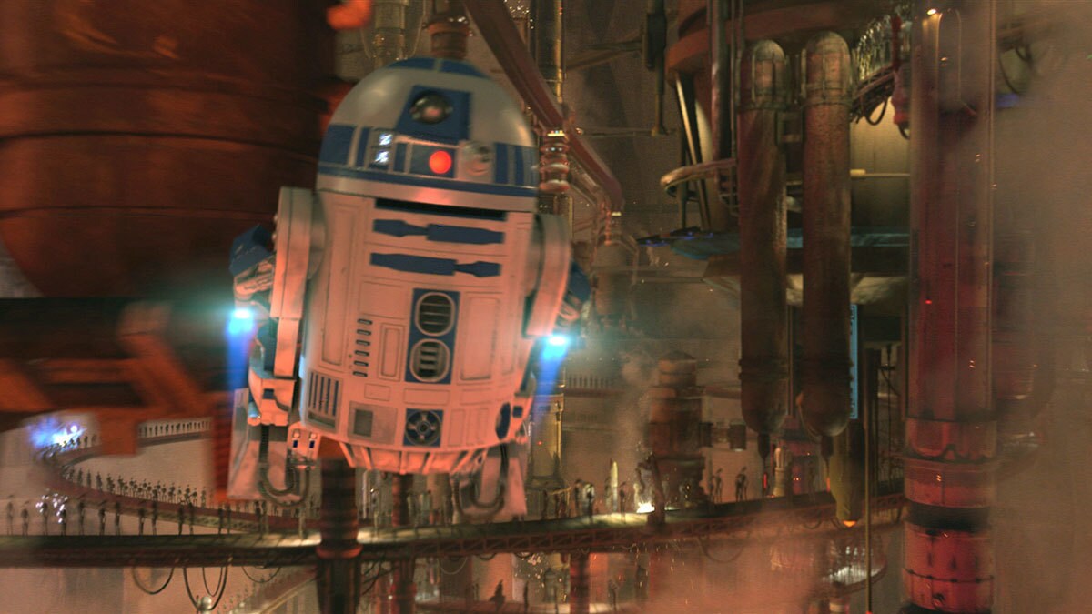 R2-D2 flying in the droid factory on Geonosis