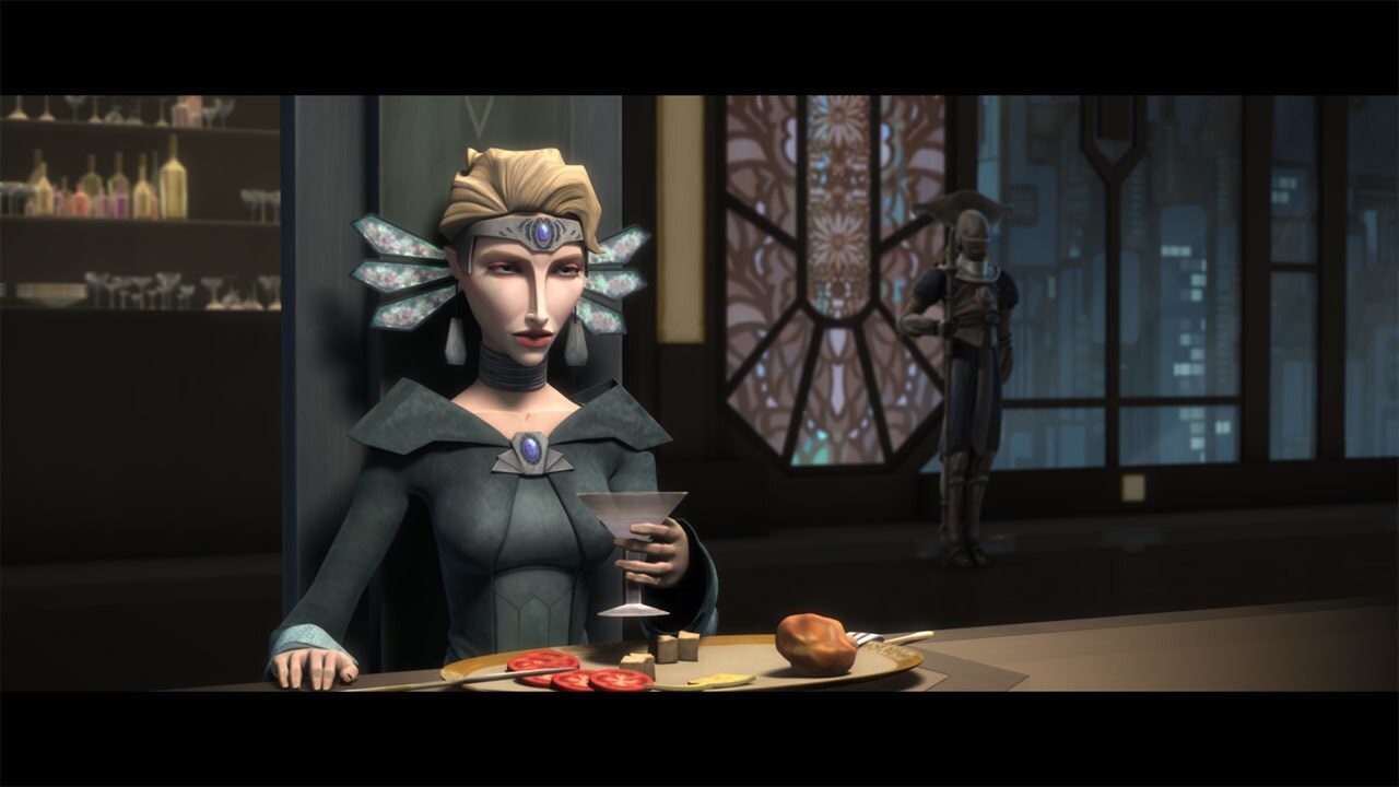 At dinner, Satine asks Padmé about her feelings regarding the Republic's war with the Separatists...
