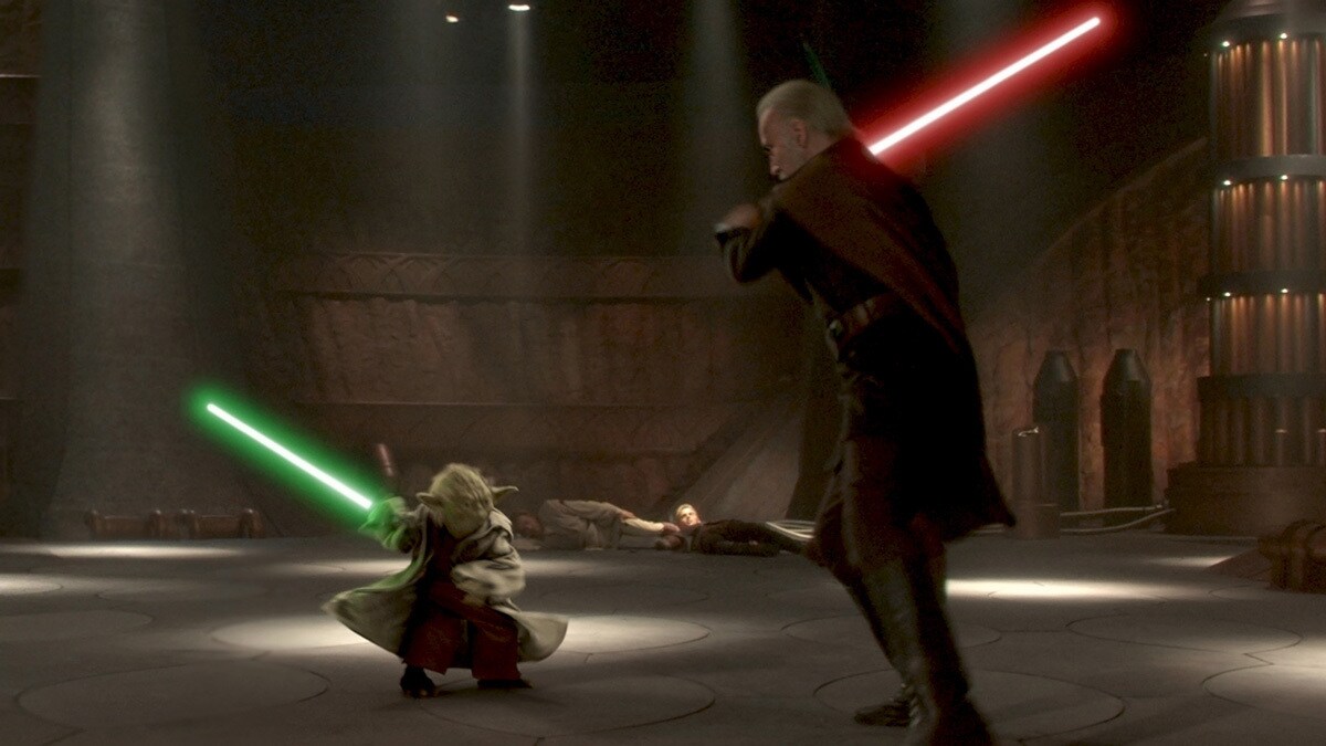 Yoda dueling Count Dooku on Geonosis