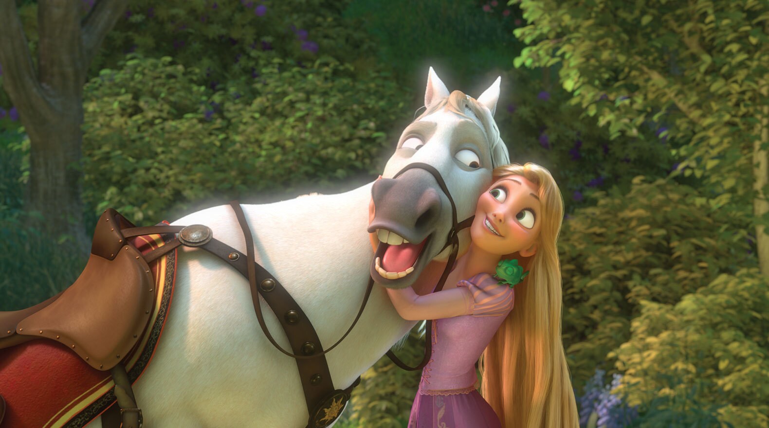 Rapunzel voiced by Mandy Moore hugging Maximus (a white horse) in Tangled