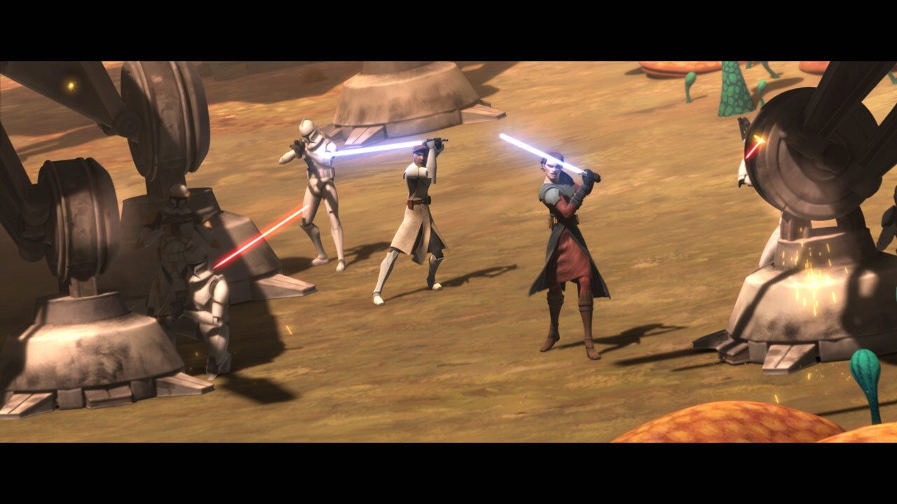 On Felucia, Obi-Wan and Anakin are in the thick of a heated ground battle. Plo Koon's gunship rei...