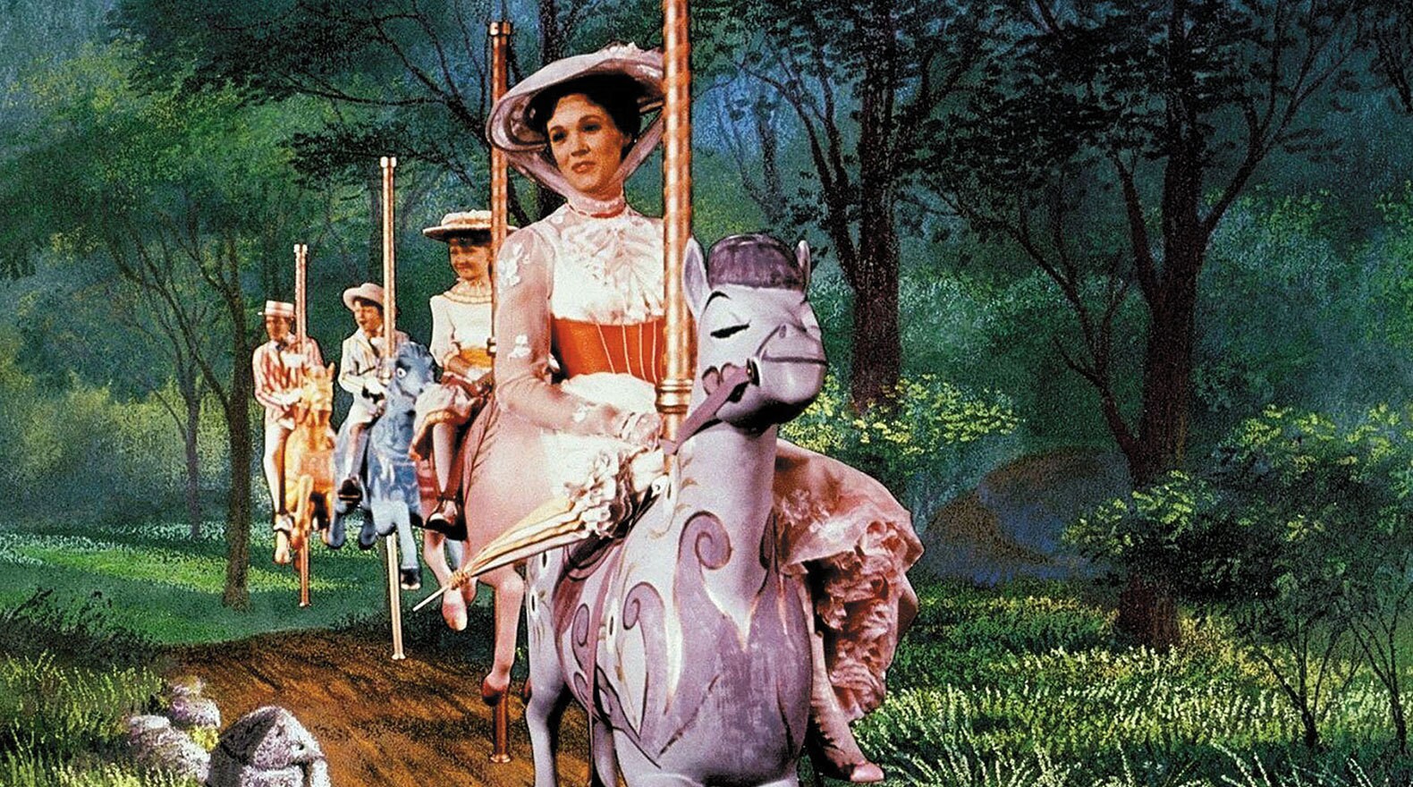 Mary, Jane, Michael, and Bert ride their carousel horses in "Mary Poppins"