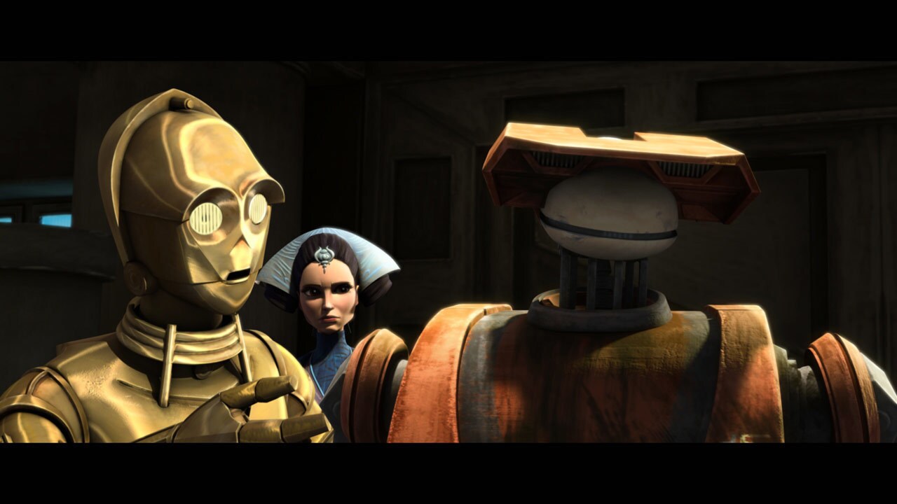 The Separatist tactical droid is temporarily reactivated and, at Padmé's prompting, Threepio trie...