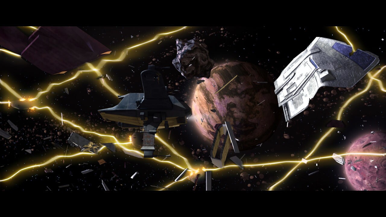 With the root in hand, the Jedi board the Twilight and fly the spice freighter up into the debris...