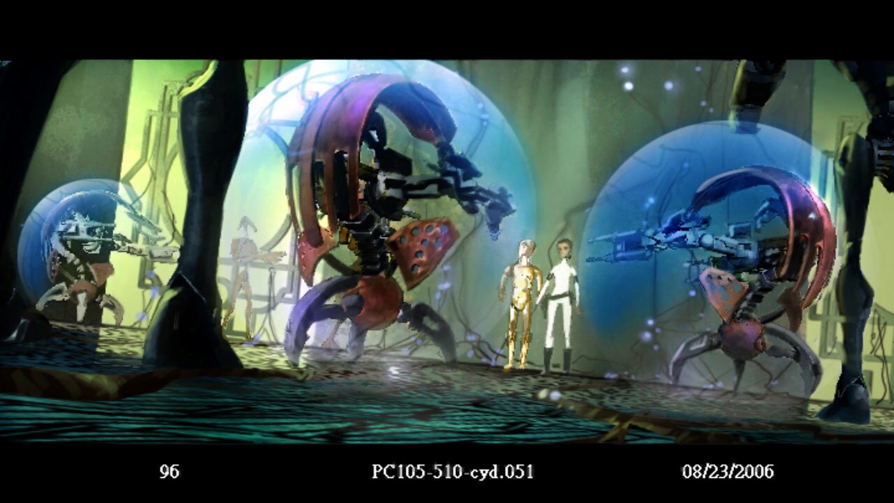 Concept art of destroyer droids surrounding Padmé and C-3PO