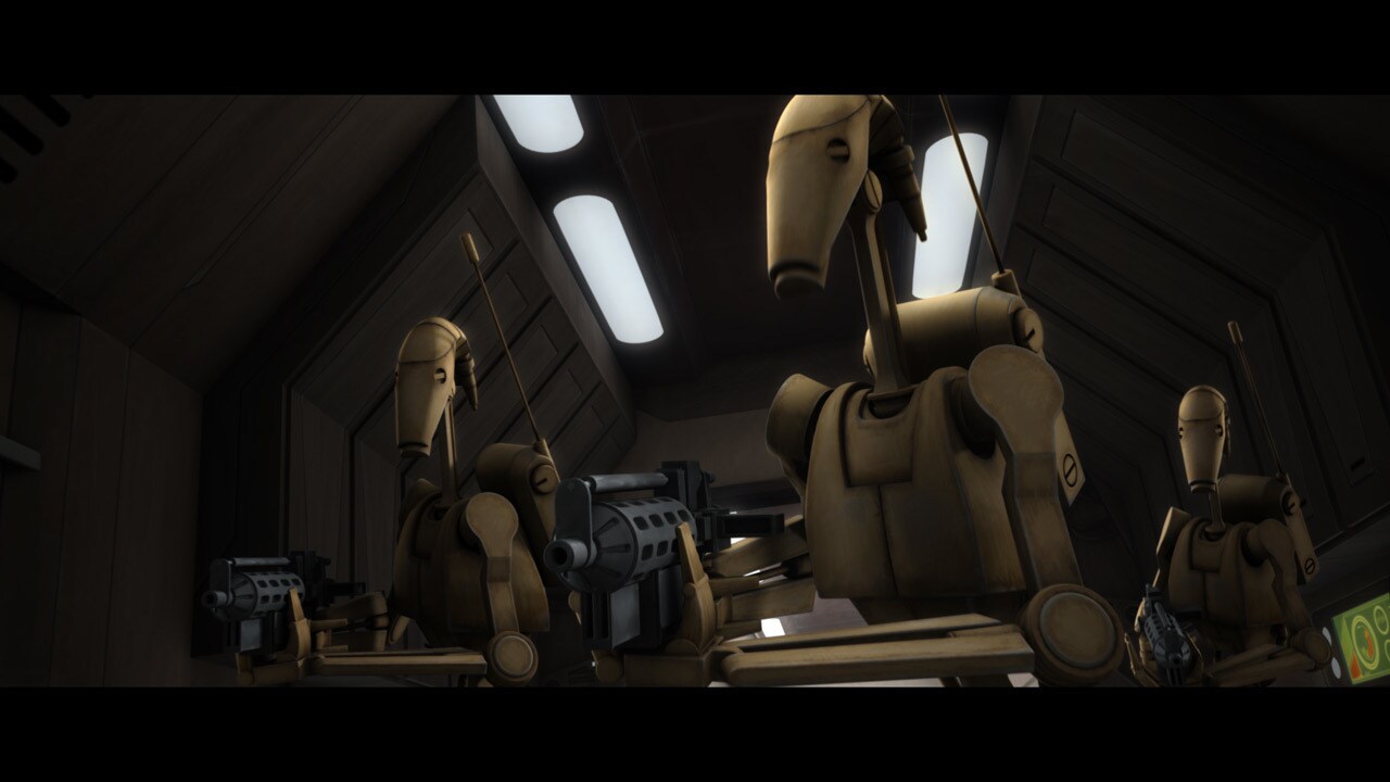 Battle droids board the shuttle, searching for any sign of life. They find only the five droids. ...