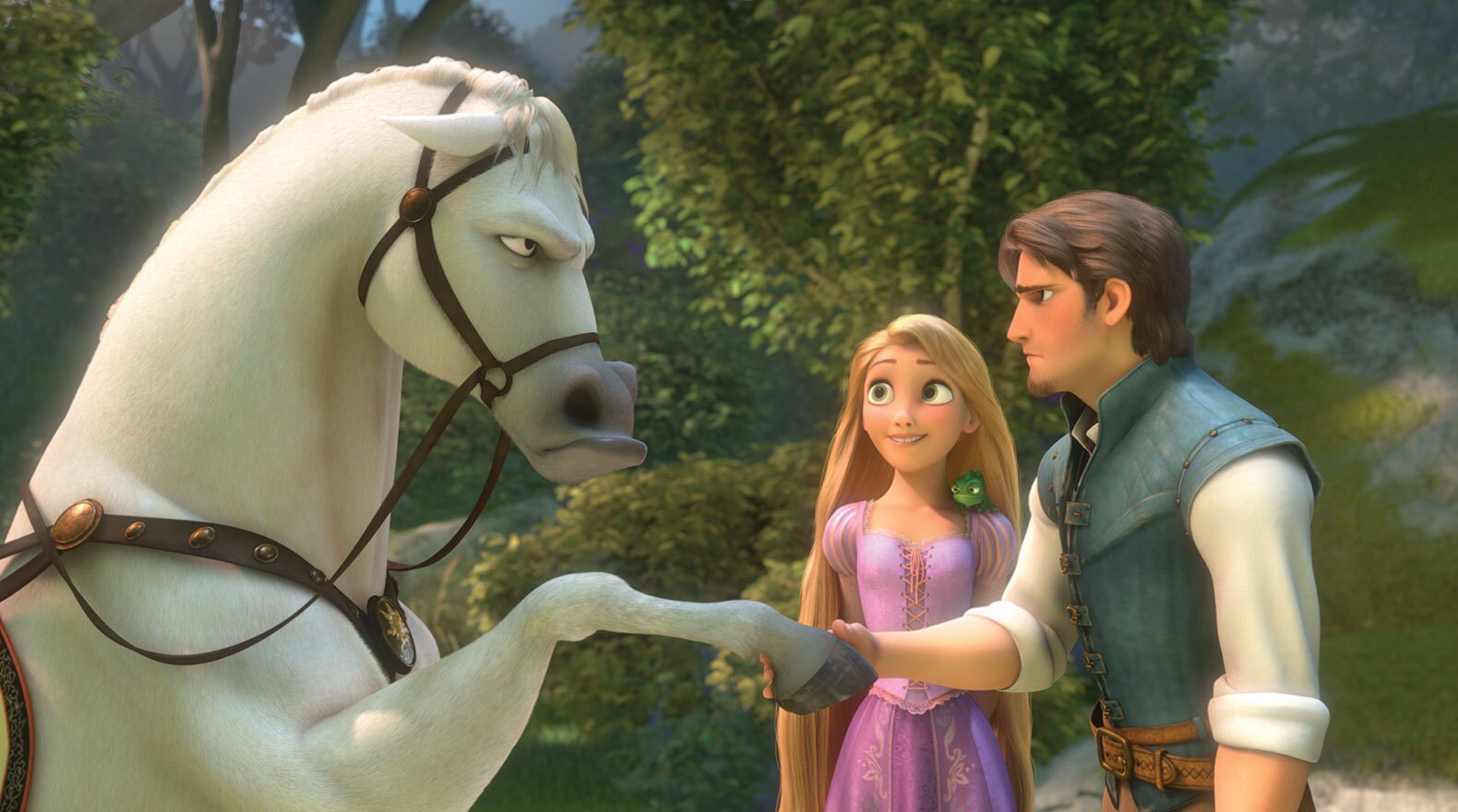 Maximus (a horse) and Flynn Rider shake hands