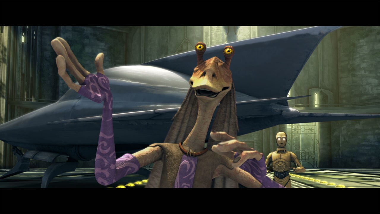 Back at the Naboo yacht, Jar Jar Binks is intrigued by the loud -- and occasionally rude -- sound...