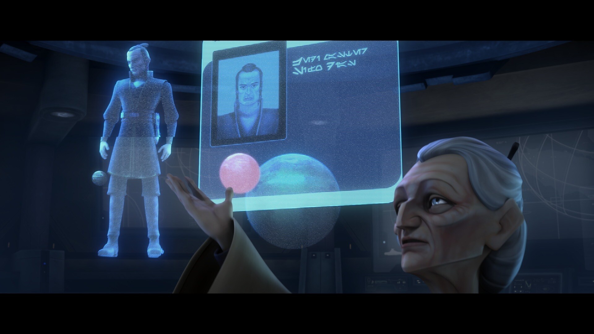 The analysis of this newfound information continues in the Jedi war room, where Madame Jocasta Nu...