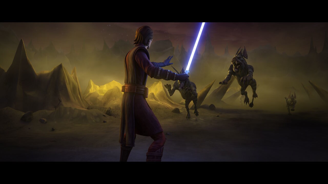 The anooba beasts catch up with the Jedi. Anakin and Obi-Wan try to hold off the creatures, but a...