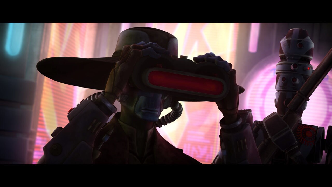 On the streets of Coruscant, Artoo and Threepio are watched by Cad Bane. He orders his droid acco...