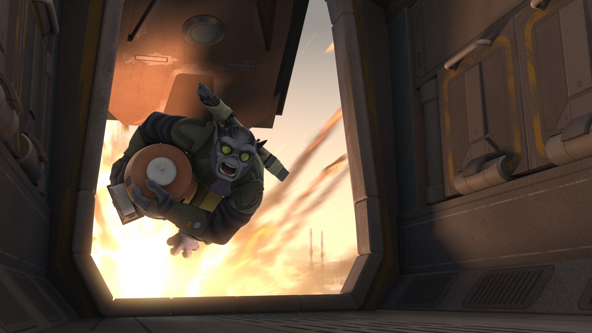 Zeb leaps back to the walker, and grabs the droid just before their walker is destroyed.