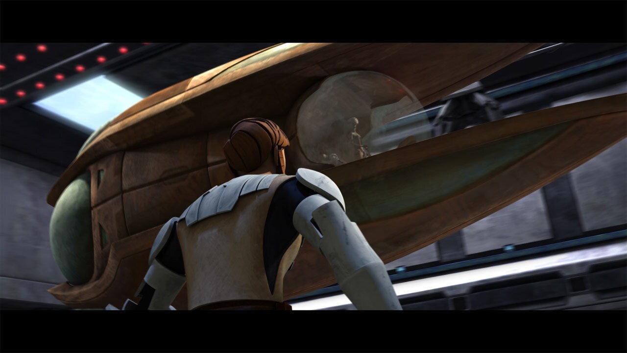 Anakin loses sight of Dooku, and the Count twists his way into the hangar, where he promptly boar...